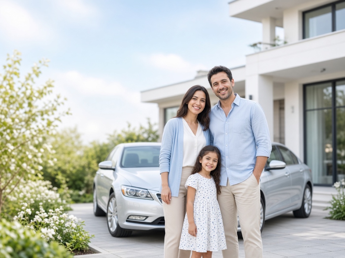 Evinin önünde mutlu bir aile ve aracı